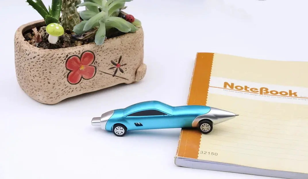 Blue metallic car-shaped ballpoint pen, cute candy-color design, kawaii stationery gift