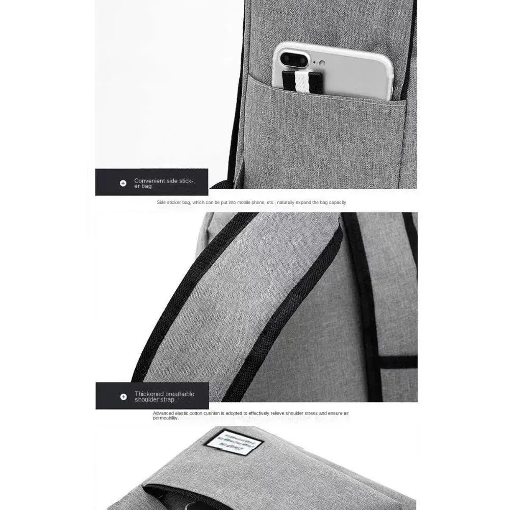 Simples Market gray minimalist backpack with large capacity, side phone pocket, breathable shoulder straps