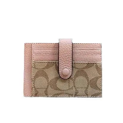 Monogram card holder wallet for women with pink leather trim and snap strap on tan monogram fabric