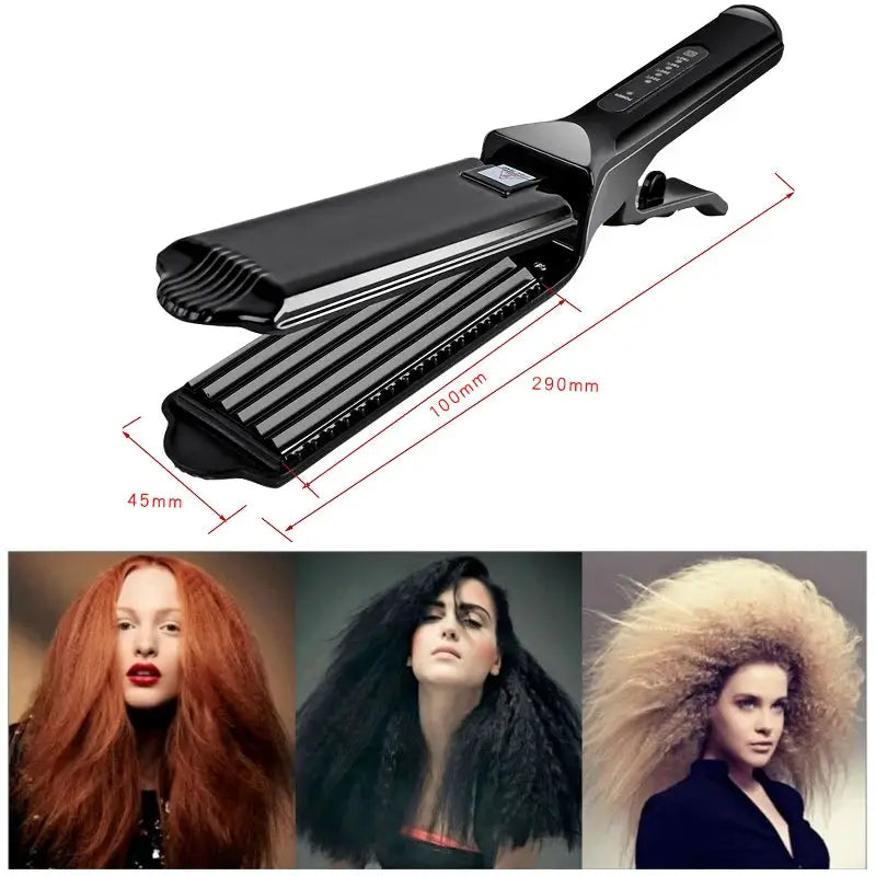 Simples Market professional hair curler wand with black ceramic corrugated wave plate; 3 hairstyle examples shown