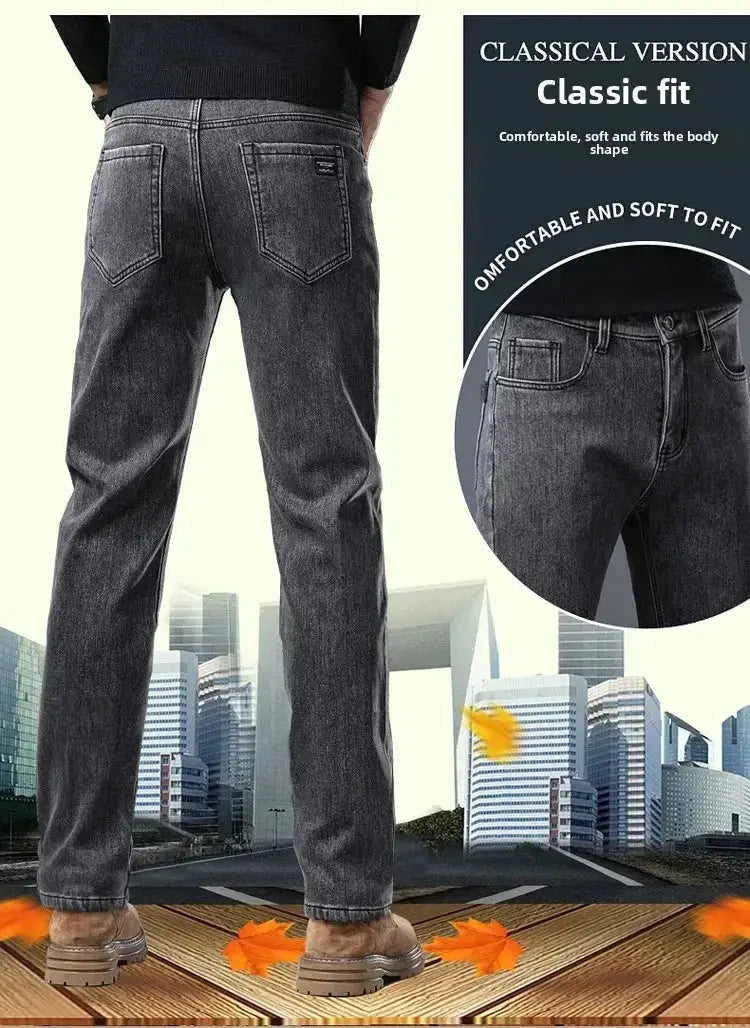 Men's black straight-leg denim jeans with fleece lining for winter warmth.
