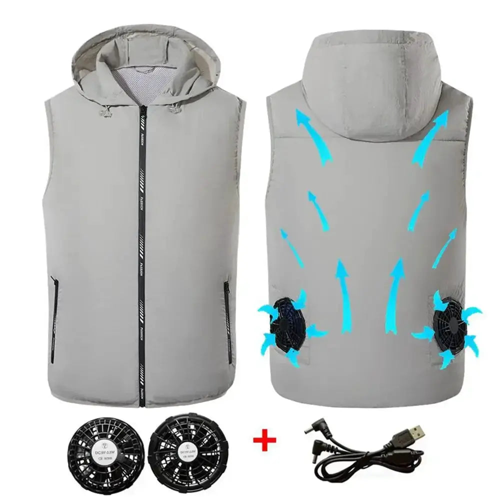 Simples Market cooling vest with dual USB fans, light gray ultralight hooded windbreaker.