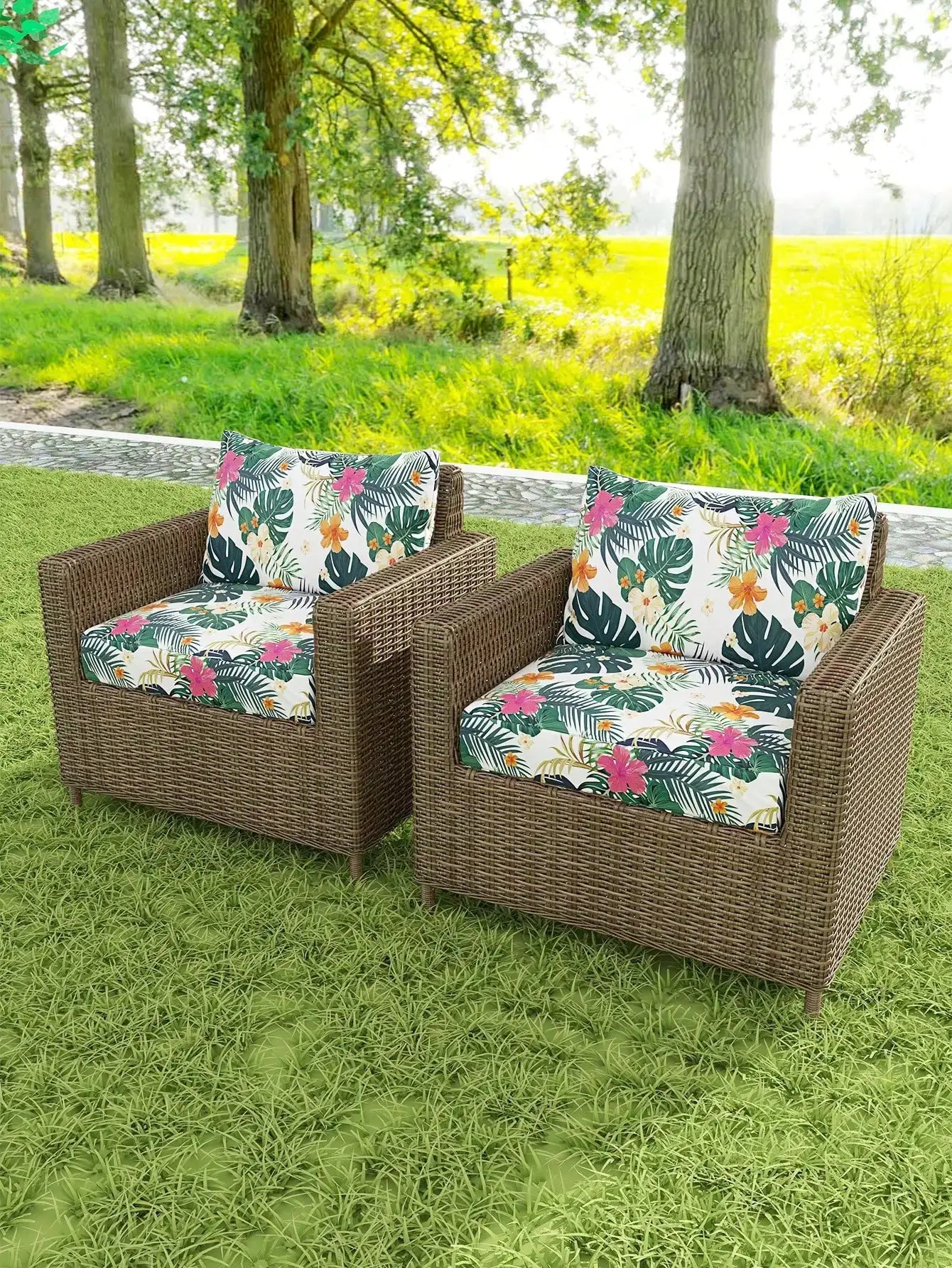 Outdoor tropical print sofa cushion covers set of two; Simples Market, non-slip with floral leaf pattern.