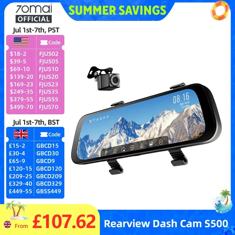 70mai Rearview Dash Cam S500 with 9.35in touchscreen, dual-channel HDR, black Simples Market