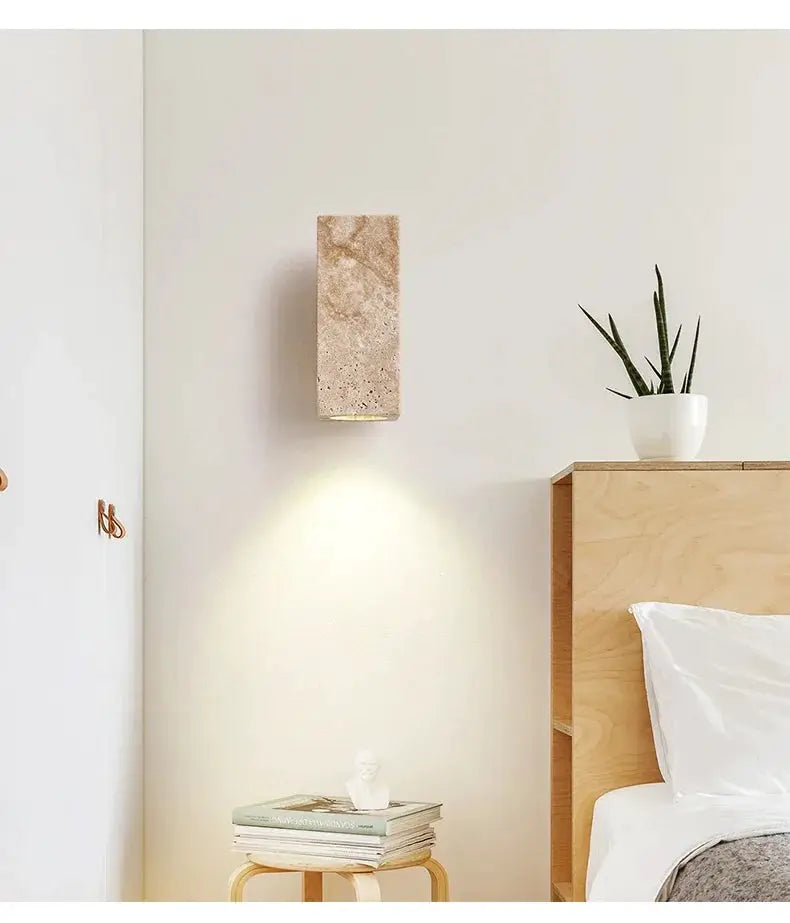 Wabi Sabi yellow marble wall lamp with LED, travertine bedside sconce