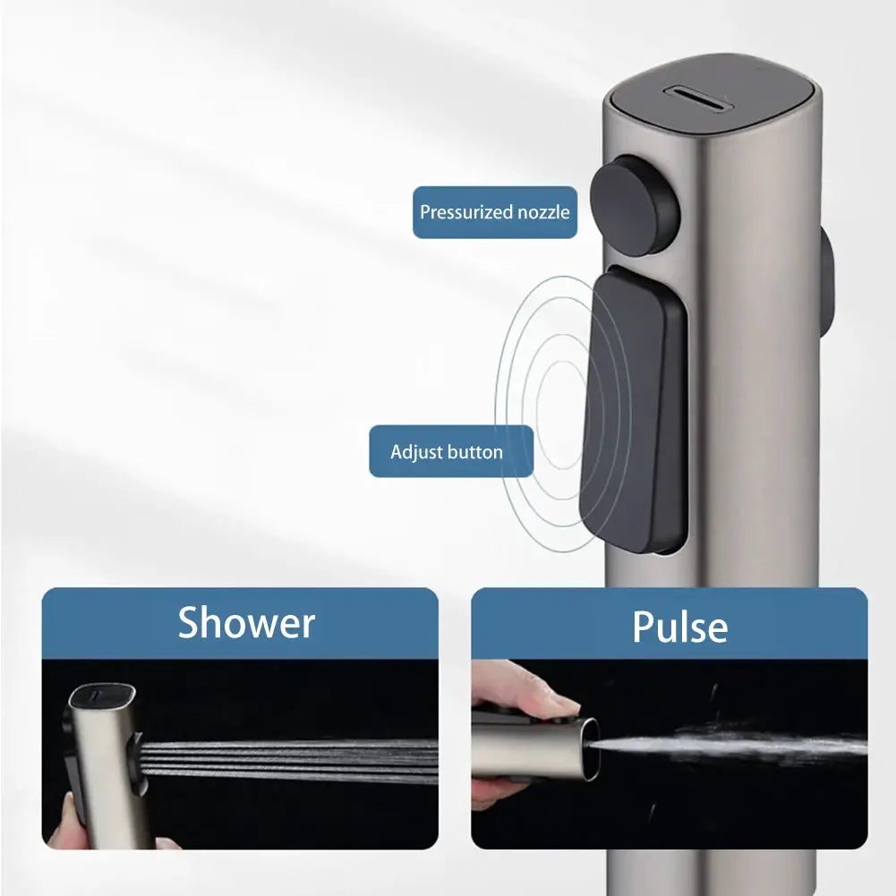Handheld toilet bidet spray head with pressurized nozzle and adjustable button; shows shower and pulse modes.