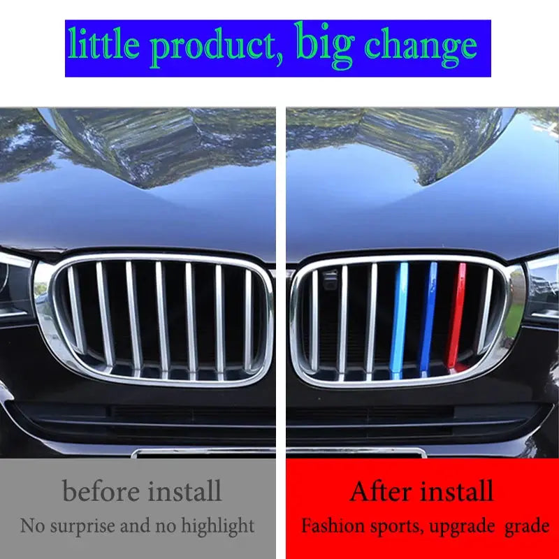 3Pcs Front Grille Trim Strips for BMW by Simples Market, blue and red accent trim on grille; before/after comparison.