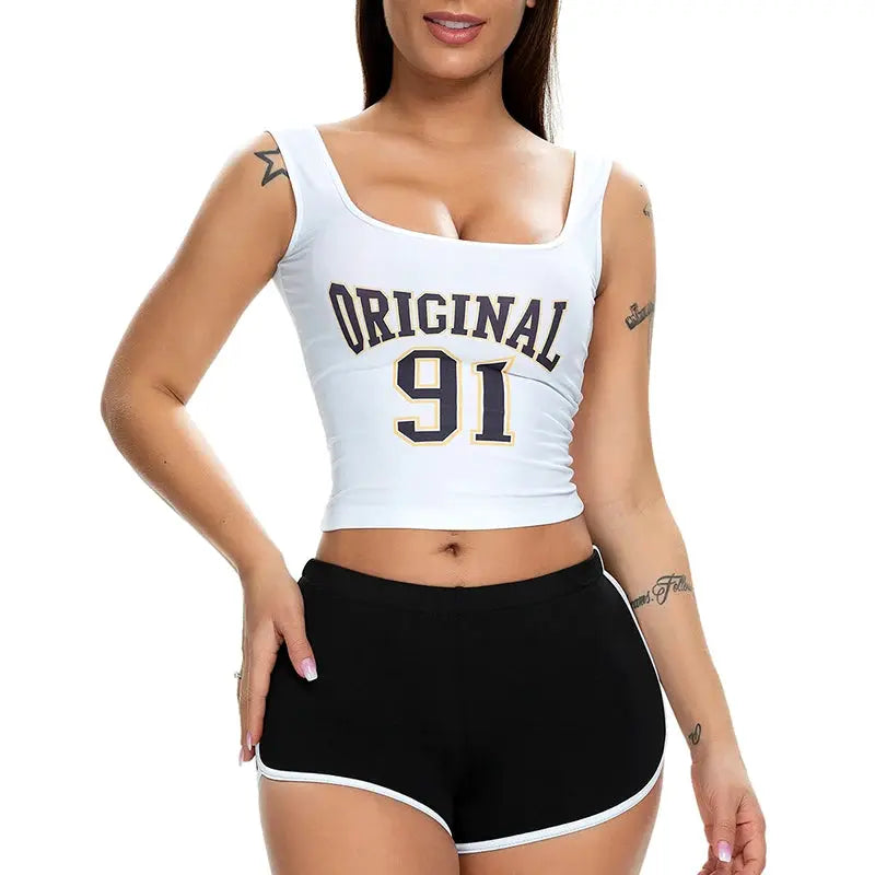 Women's cropped white tank top and black athletic shorts set with white trim; ORIGINAL 91 lettering on top