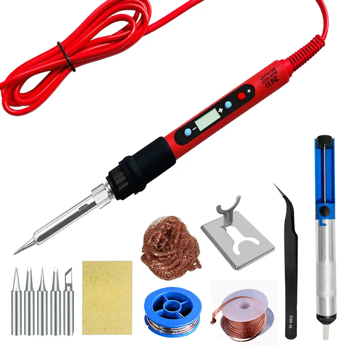 80W Soldering Iron Kit With Adjustable Temperature LCD Display Ceramic Heater Solder Tips Tweezers And Solder Wire