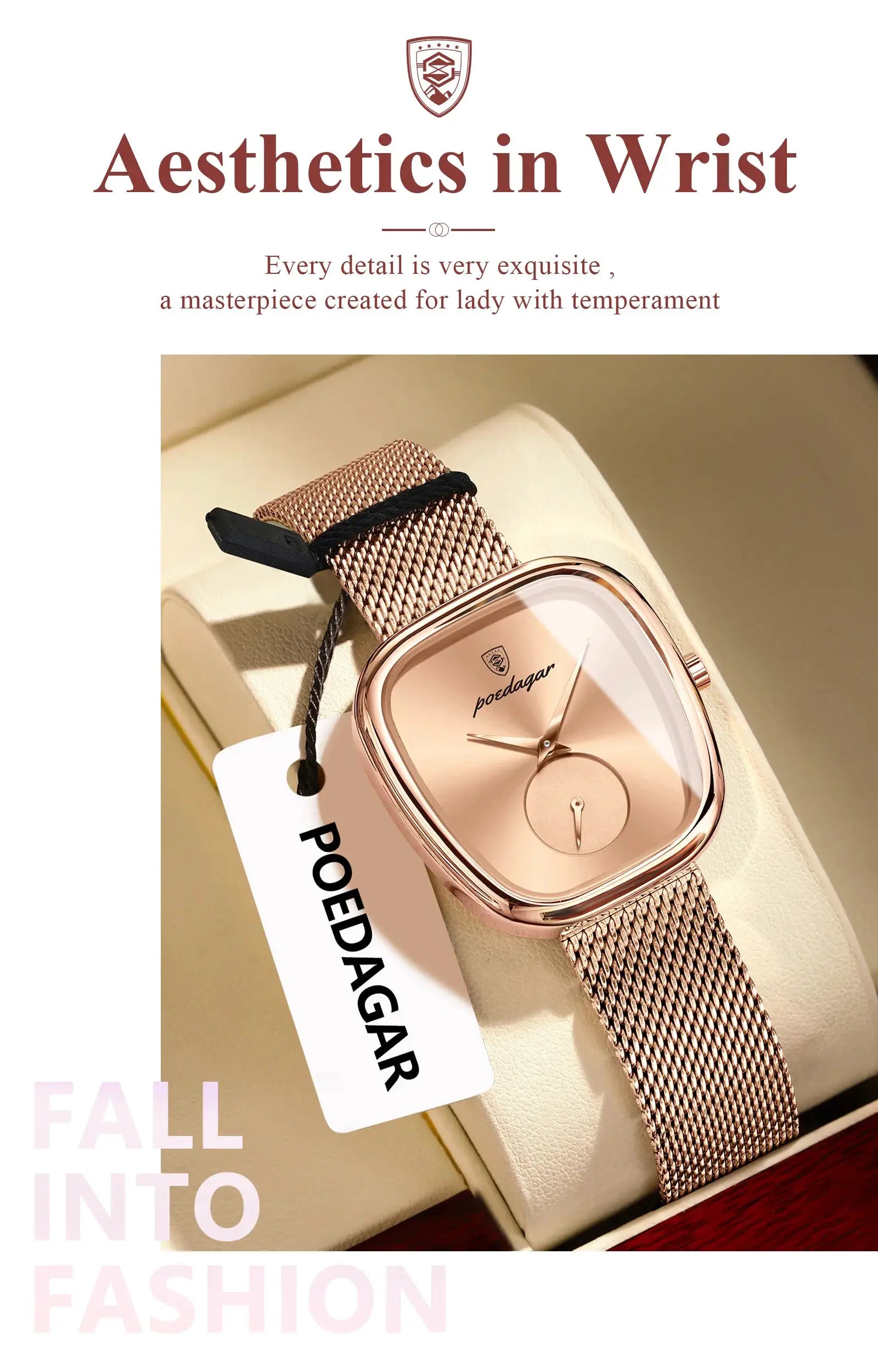 POEDAGAR rose-gold stainless-steel mesh ladies' watch with quartz movement, waterproof