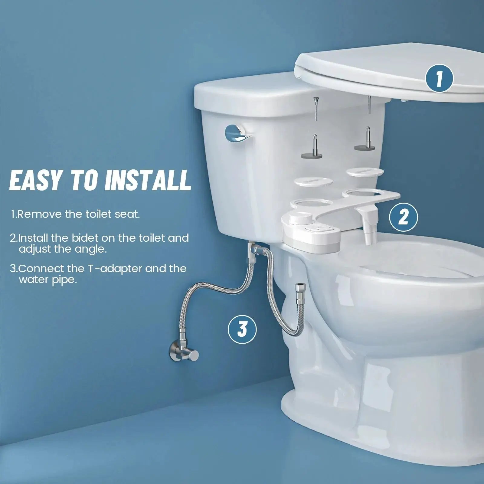 SAMODRA non-electric bidet attachment with dual self-cleaning nozzles for front and rear wash, white with metal hoses