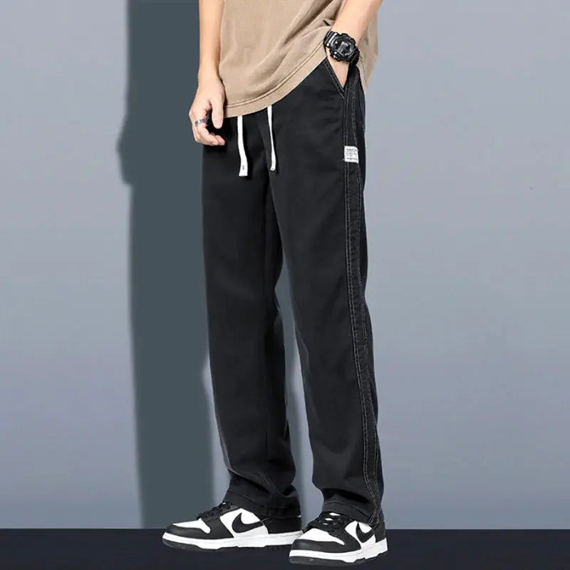 Simples Market men's black lyocell pants with elastic drawstring waist, loose straight fit, Korea casual trousers, plus size M-5XL