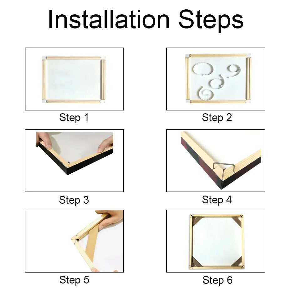 Canvas frame by Simples Market in natural wood with six-step installation guide.