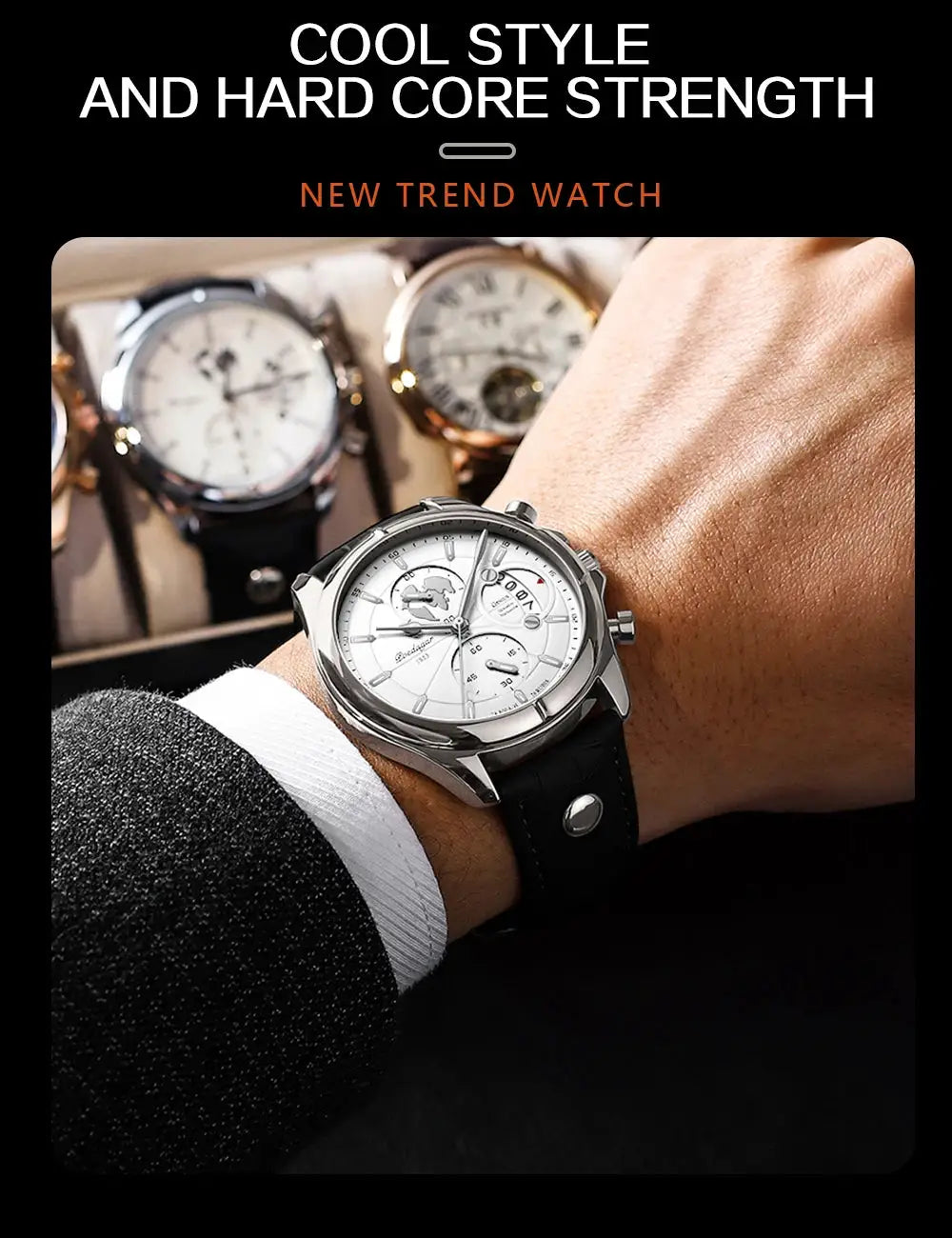 POEDAGAR luxury men's chronograph wristwatch with date, silver case, black leather strap; three watches visible behind