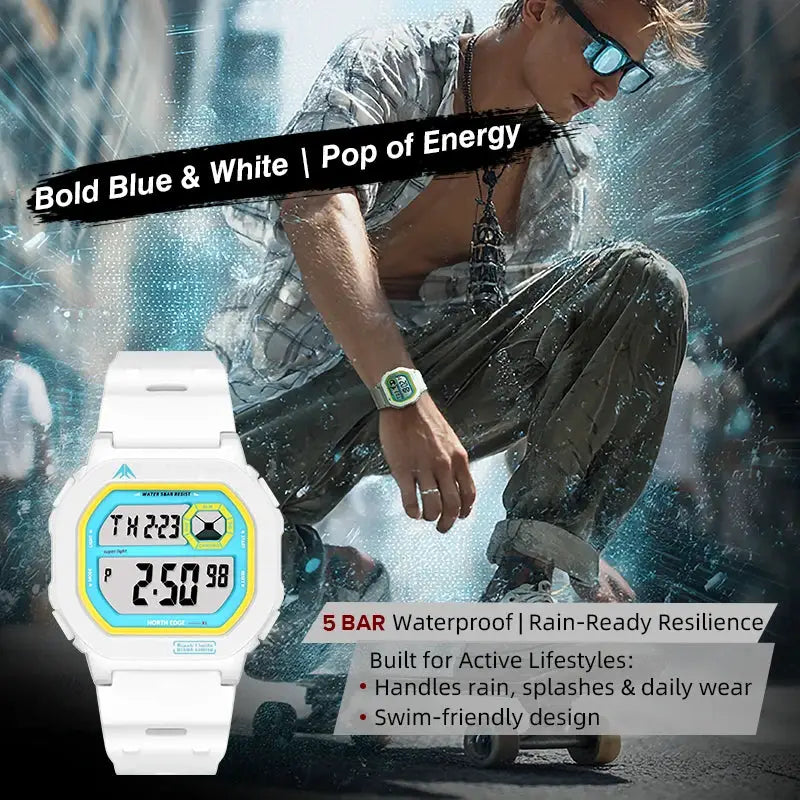 North Edge X1 white square-screen digital sports watch; blue display, 50M waterproof, stopwatch & countdown; two watches
