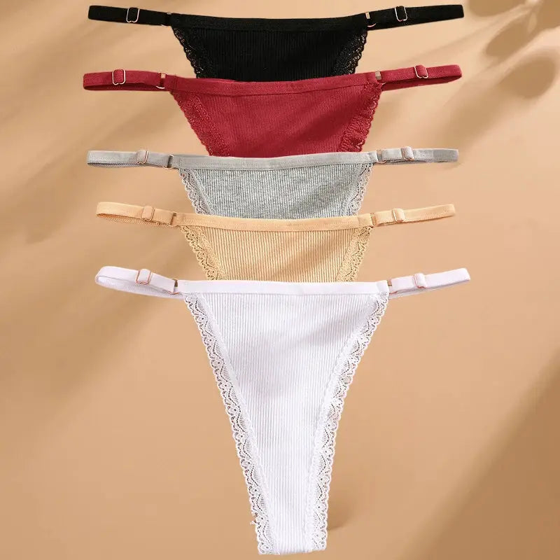 5-pack cotton women's g-strings with lace trim and adjustable waist, assorted colors (black, red, gray, peach, white).