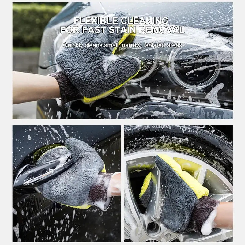 SEAMETAL microfiber car washing glove; double-faced gray coral fleece with yellow interior for car detailing.
