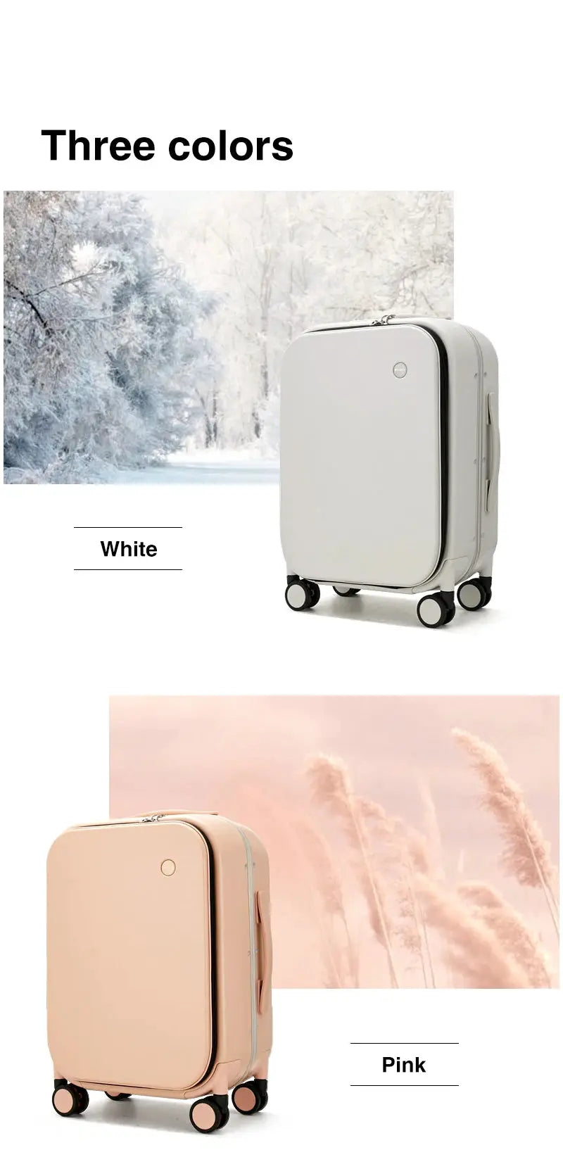 Mixi patent aluminum-frame carry-on suitcase by Simples Market in white and pink, rolling luggage 18/20/24 inch