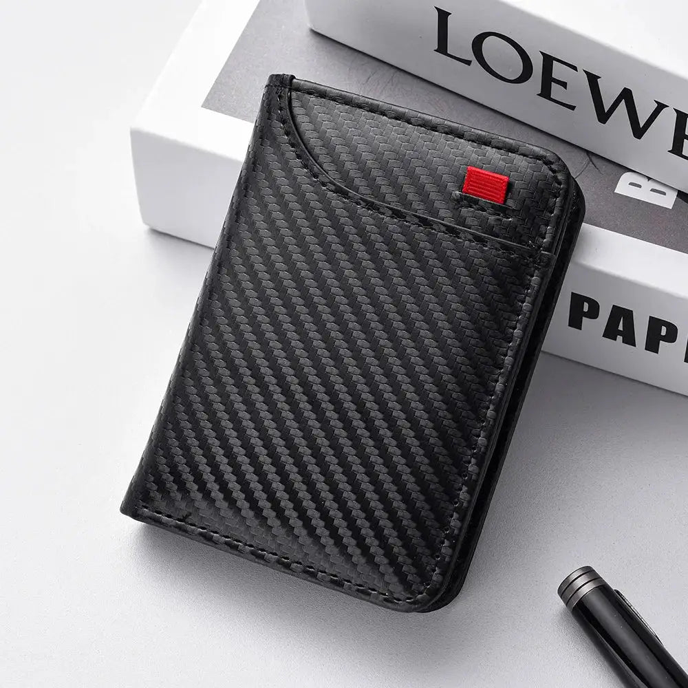 Men's vertical multi-card wallet in black carbon-fiber texture with red accent