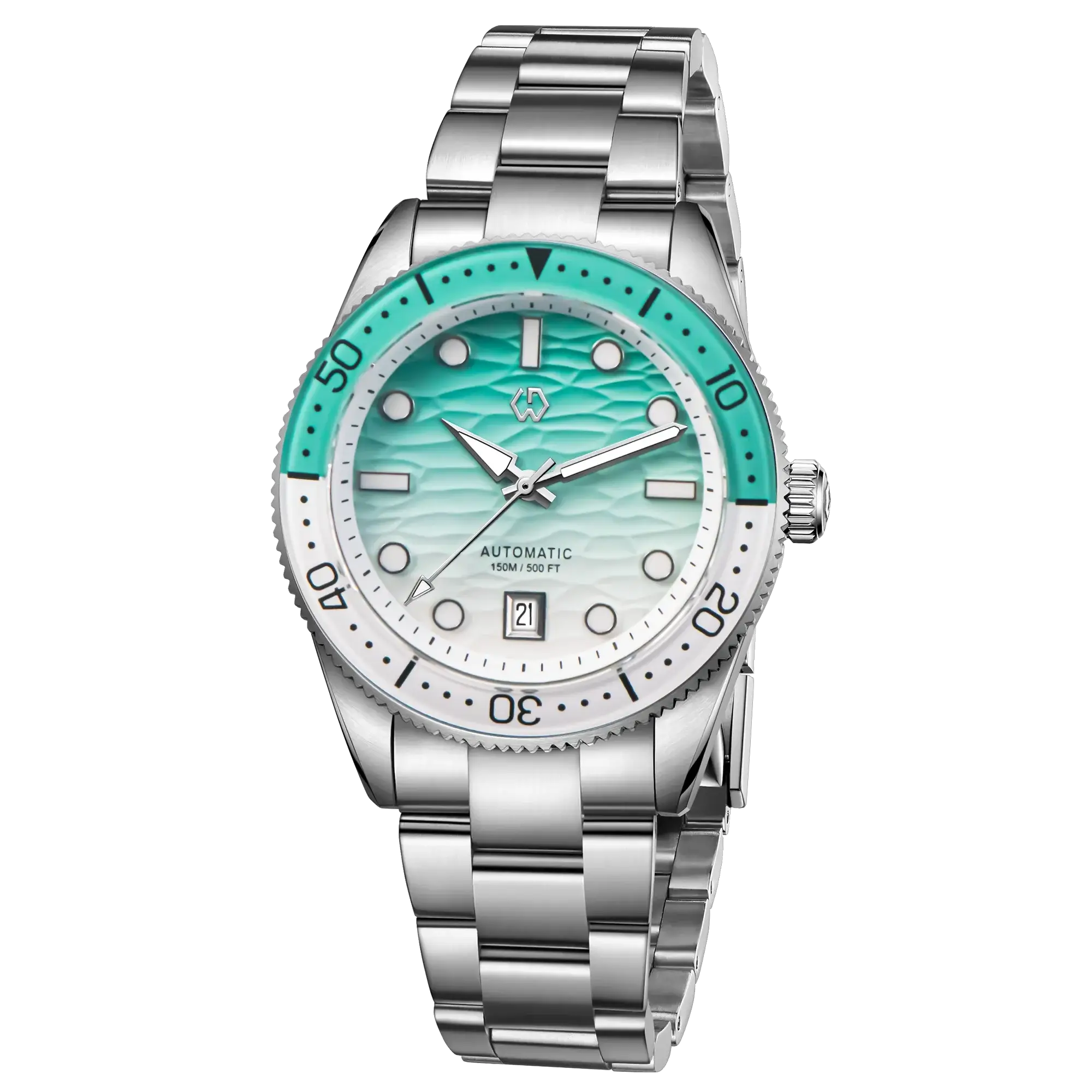 Wishdoit men's automatic dive watch with ocean blue ripple dial and stainless steel bracelet