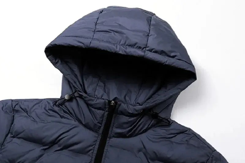 Men's navy blue hooded down puffer jacket with full-zip front