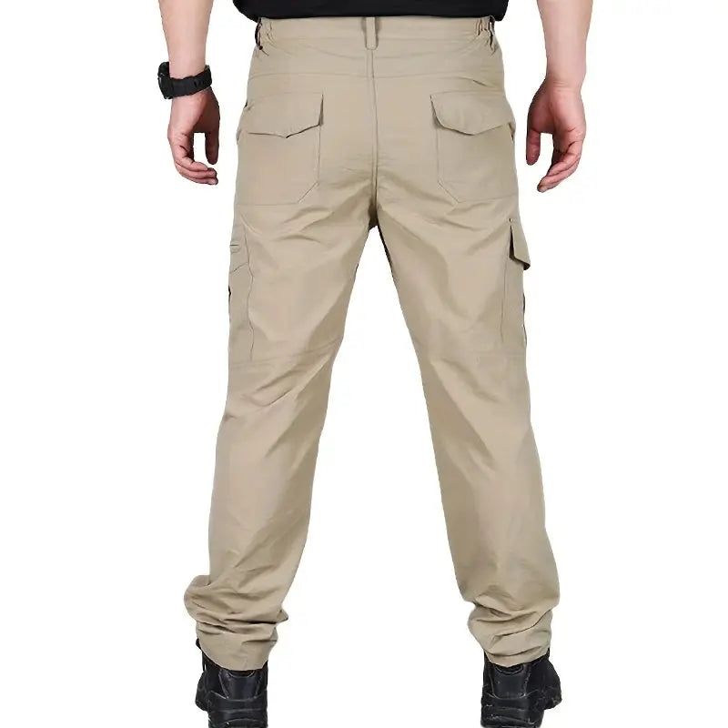 Simples Market men's beige cargo pants with multiple pockets, quick-dry hiking trousers