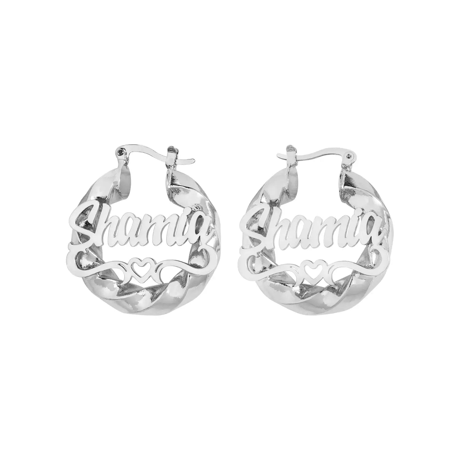 Pair of silver twist hoop earrings with Shania name and heart motif