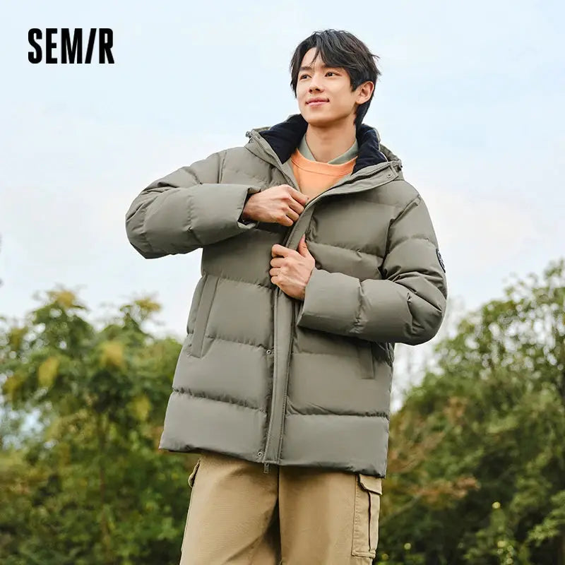 Semir men's olive green hooded down jacket, mid-length thick puffer; SEMR logo visible