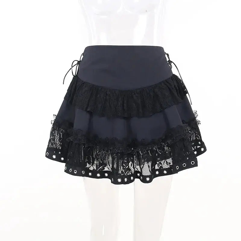 Simples Market Gothic Skater Punk mini skirt, black with lace tiers, eyelet hem, high waist
