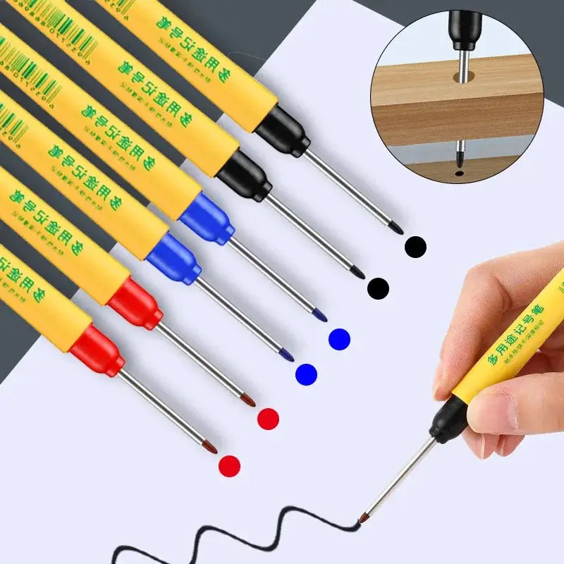Simples Market 6pc marking pen set, yellow-bodied with red/blue/black tips, 33mm long woodworking markers