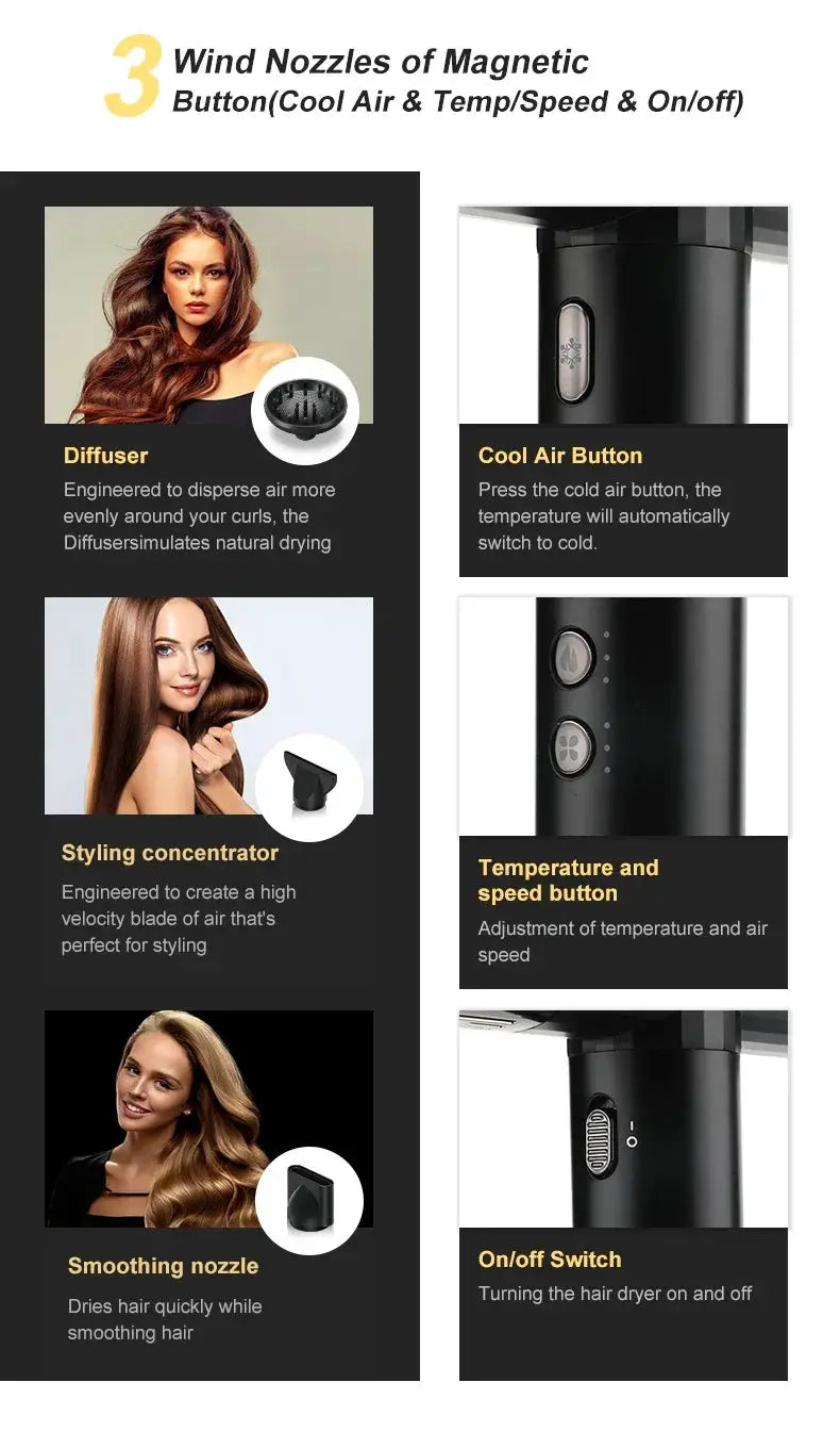 VGR professional hair dryer by Simples Market with brushless motor, black finish and multiple attachments
