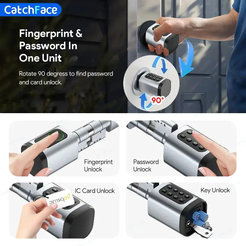 V1 Pro+ smart door lock by Simples Market with fingerprint, password, IC card and key unlocks (CatchFace logo).