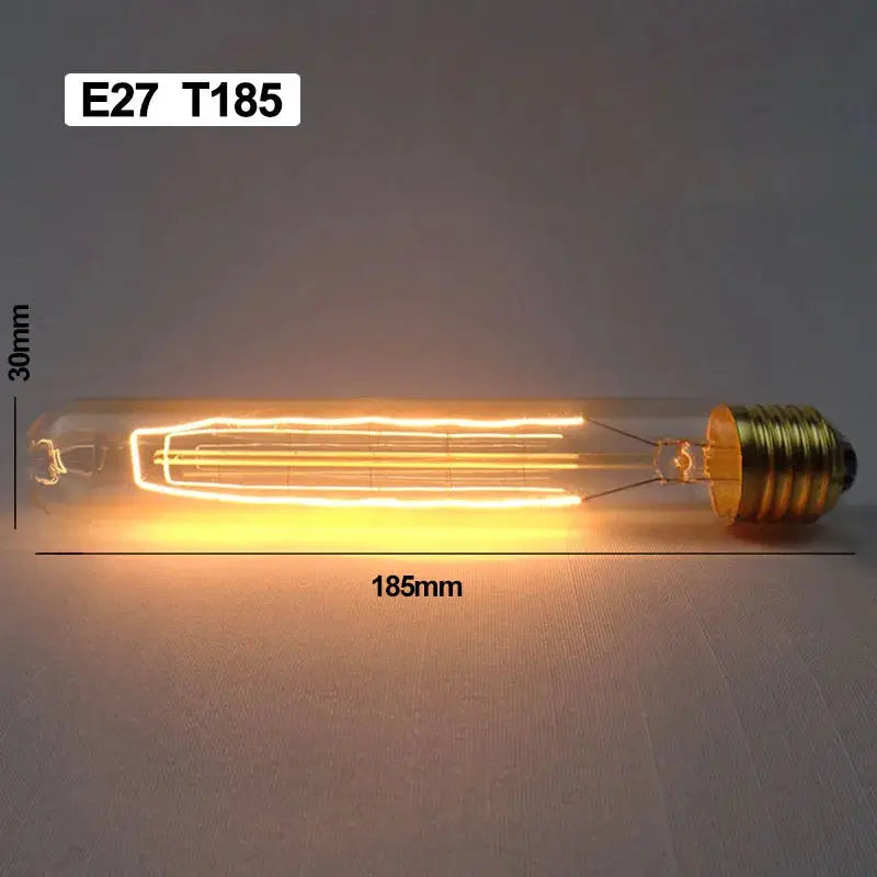 Retro Edison bulb with clear glass, E27 base, 185mm long, warm filament glow