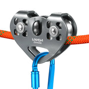 Lixada cable trolley pulley with ball bearing; gray aluminum housing, orange rope, and two blue carabiners.