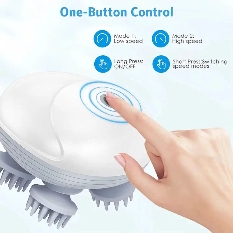 White electric scalp massager with blue circular one-button control and four massage heads