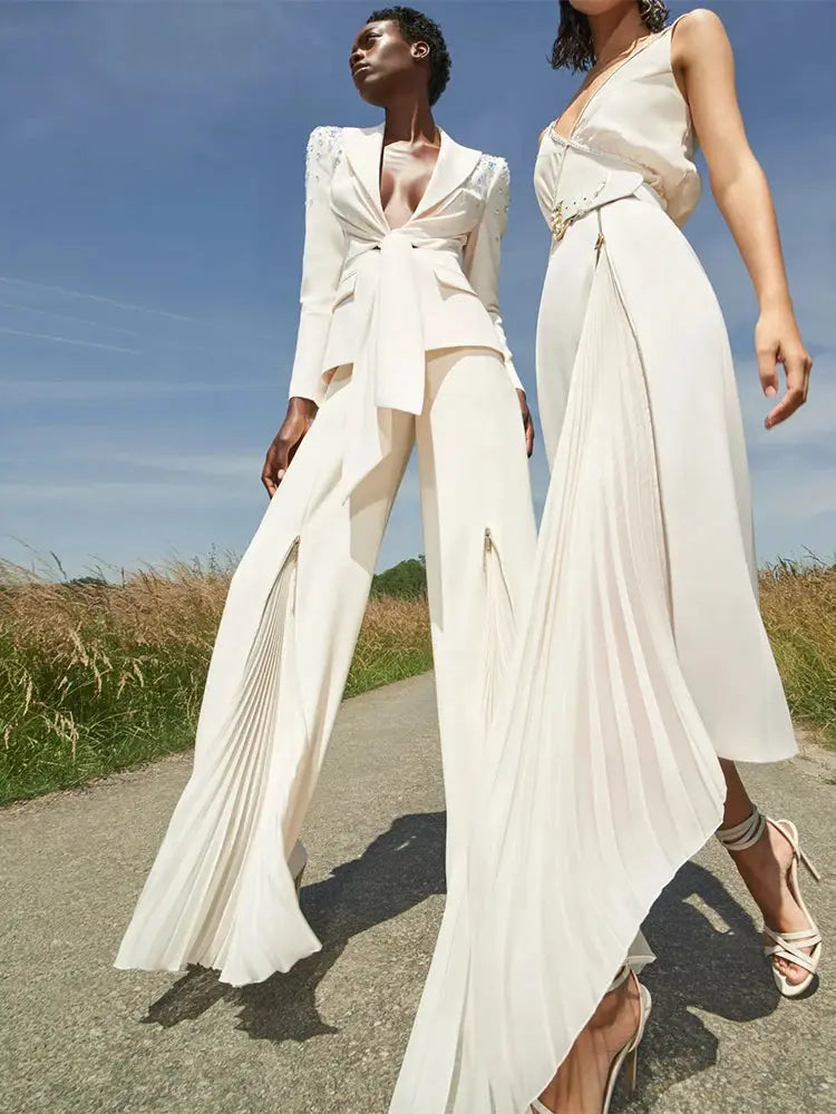 Simples Market 2pc cream designer runway suit set with lacing belt blazer and pleated zip pants, two-model display