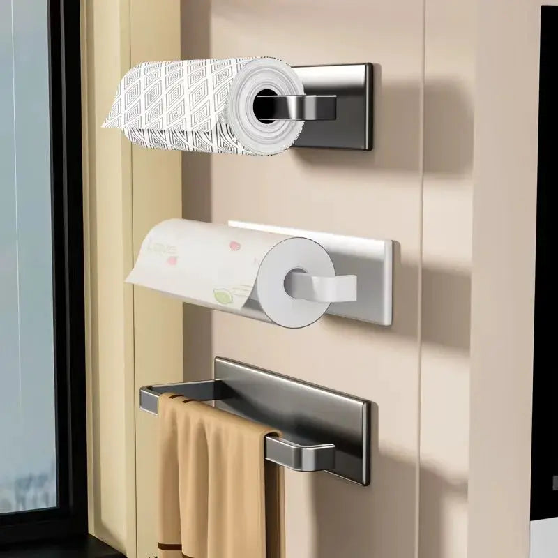 Simples Market wall-mounted kitchen paper towel holders set - 3 silver metal holders on a cabinet door