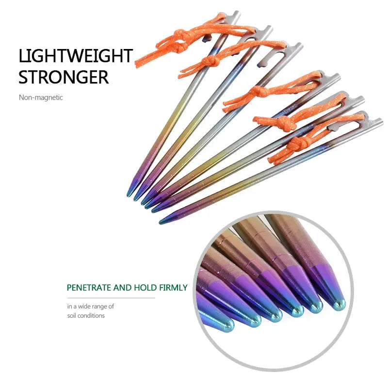 Simples Market Boundless Voyage 6pcs titanium tent stakes with orange paracord ties, rainbow finish