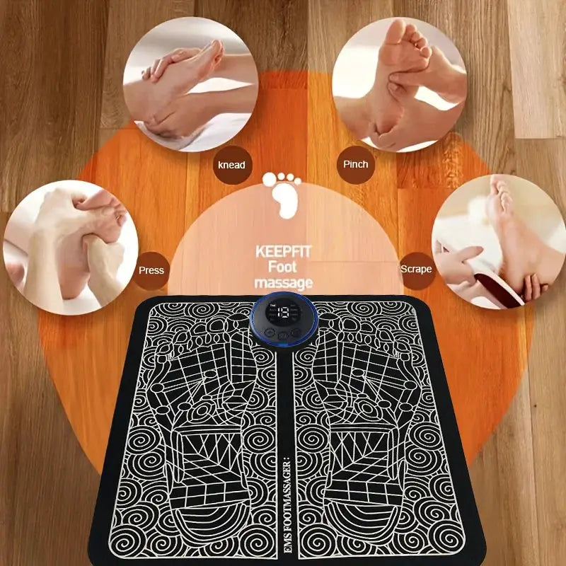 Keepfit electric USB foot massage mat with black patterned surface and central digital control