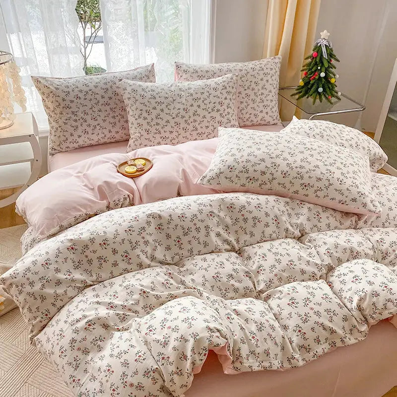 Simples Market 3-piece knitted and washed double-layer yarn bedding set with floral quilt cover and two pink pillowcases