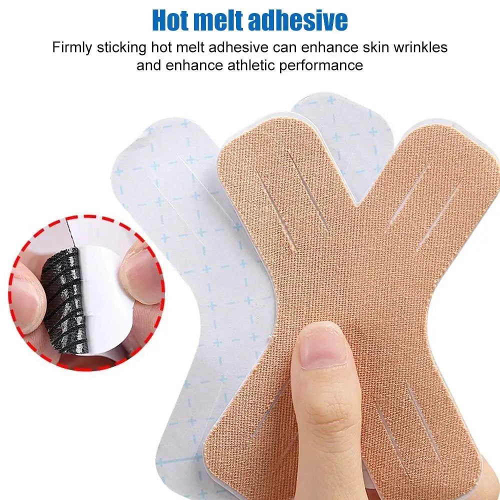Kinesiology tape X-shaped patches, beige 2-piece, by Simples Market; elastic tape for pain relief and joint support.