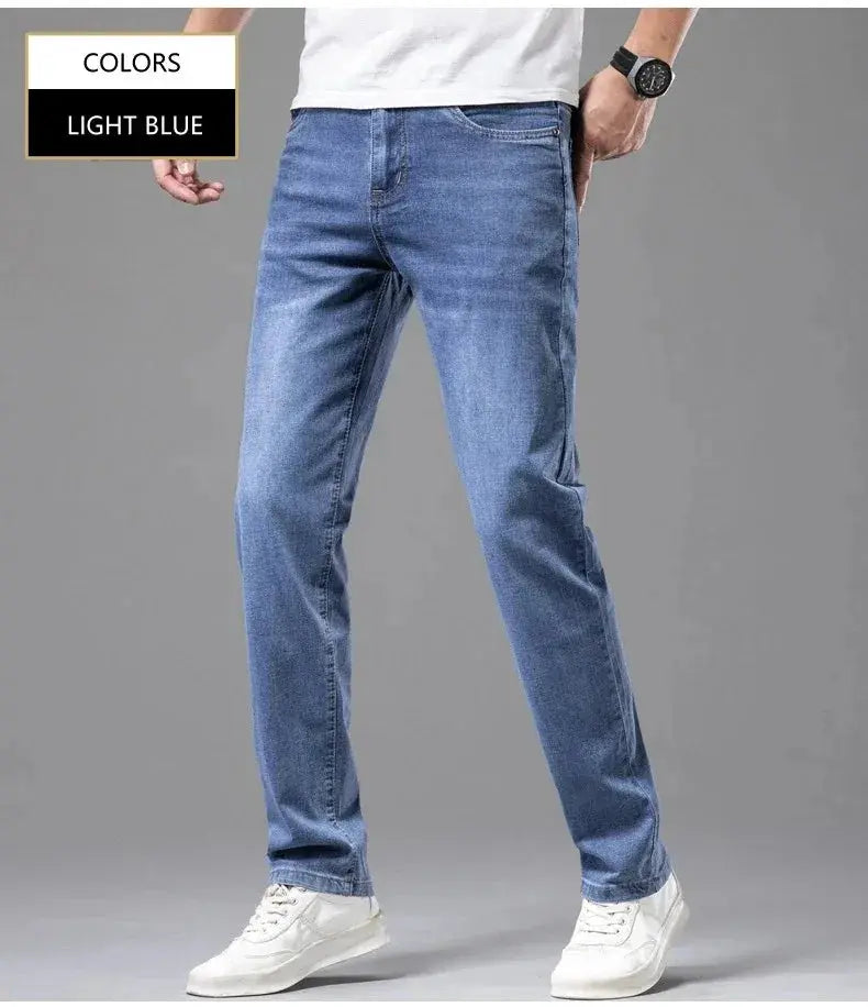 Men's light-blue elastic denim jeans, straight-leg fit with cotton-stretch fabric