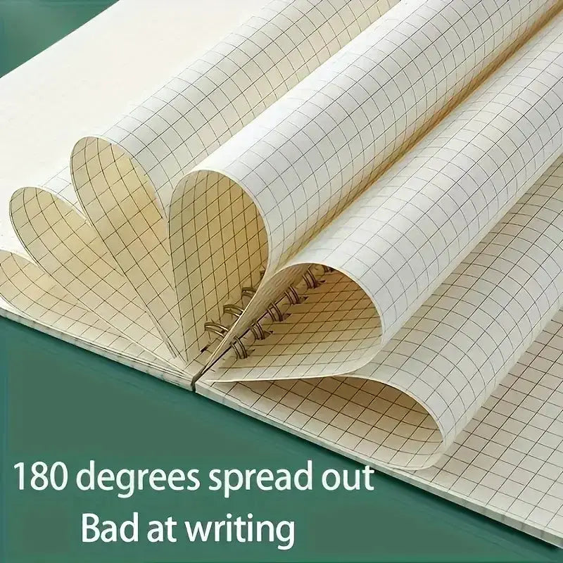 Grid A5 spiral notebooks with grid paper; multiple rolled pages displayed for writing and drawing