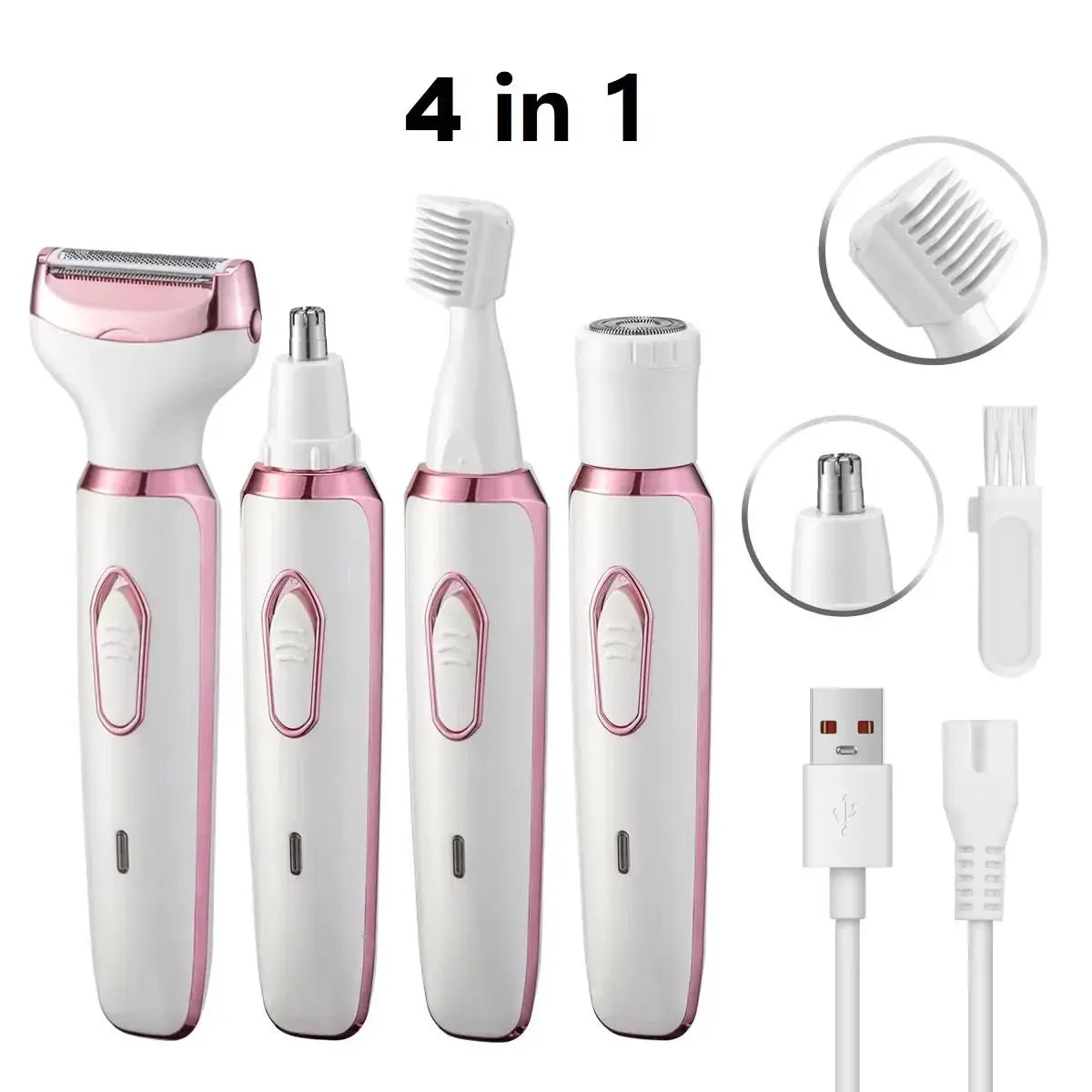 HOMEFISH 4-in-1 electric lady shaver set, pink and white, cordless with USB charging and 4 interchangeable heads