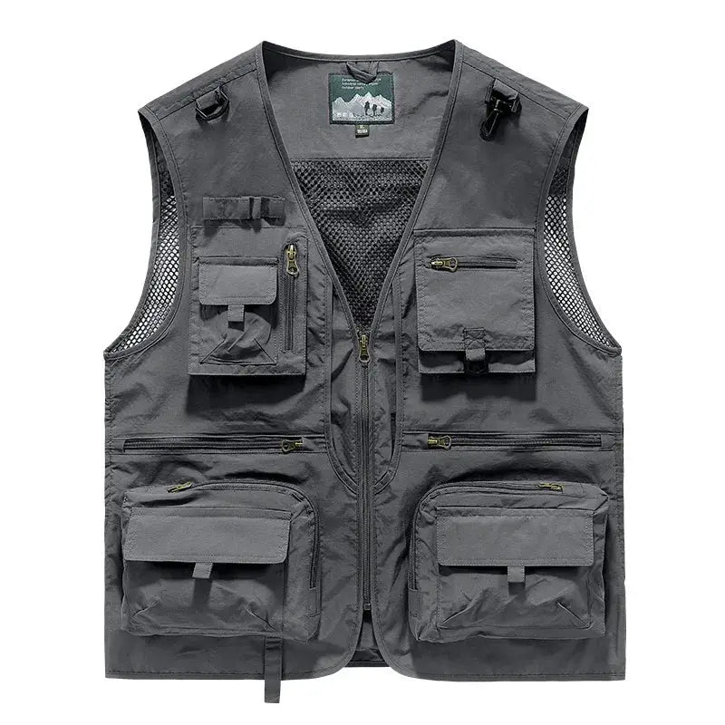 Men's gray outdoor mesh fishing vest with multiple pockets by Simples Market