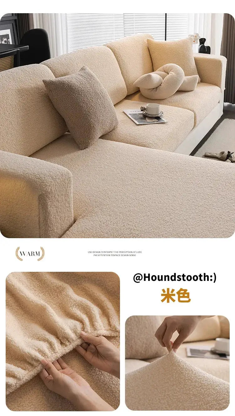 Simples Market 2026 Premium Winter Teddy Fleece Sofa Cover in beige, non-slip elastic all-season couch protector