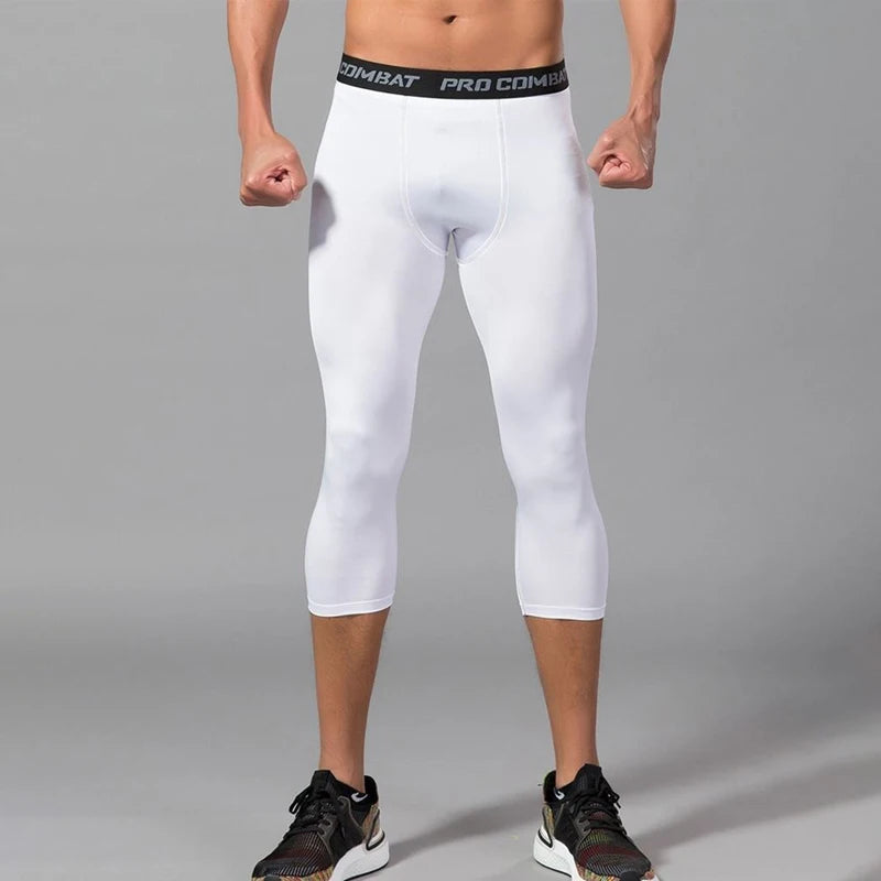 Men's white compression pants with Pro Combat waistband, mid-calf length, Simples Market