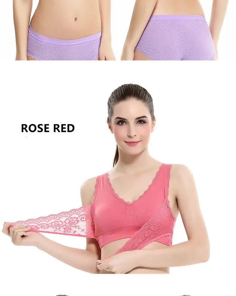 Rose red lace bralette by Simples Market; seamless V-neck with scalloped edges, purple lace underwear shown in collage