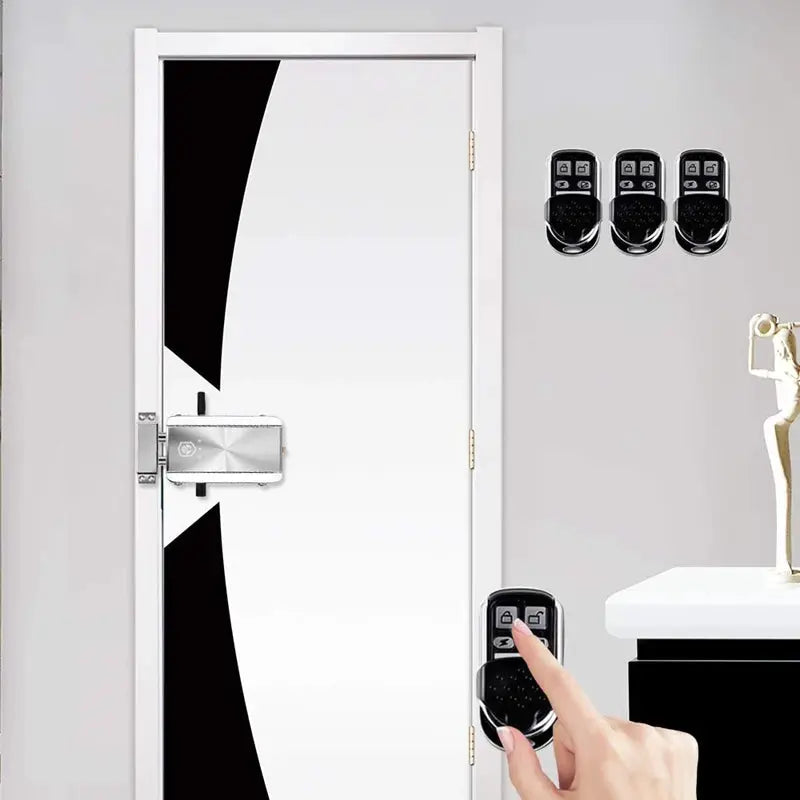 Tuya WiFi smart door lock in silver on a white door with a handheld remote and three wall remotes