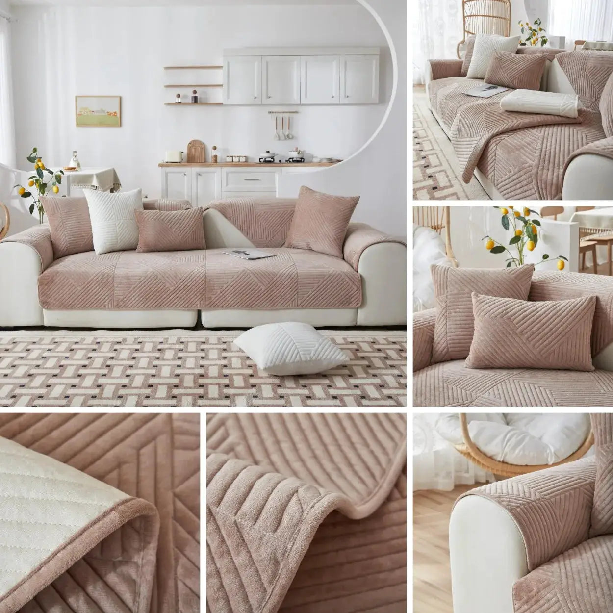 Crystal Velvet Sofa Cover set by Simples Market in dusty rose quilted velvet with matching cushions